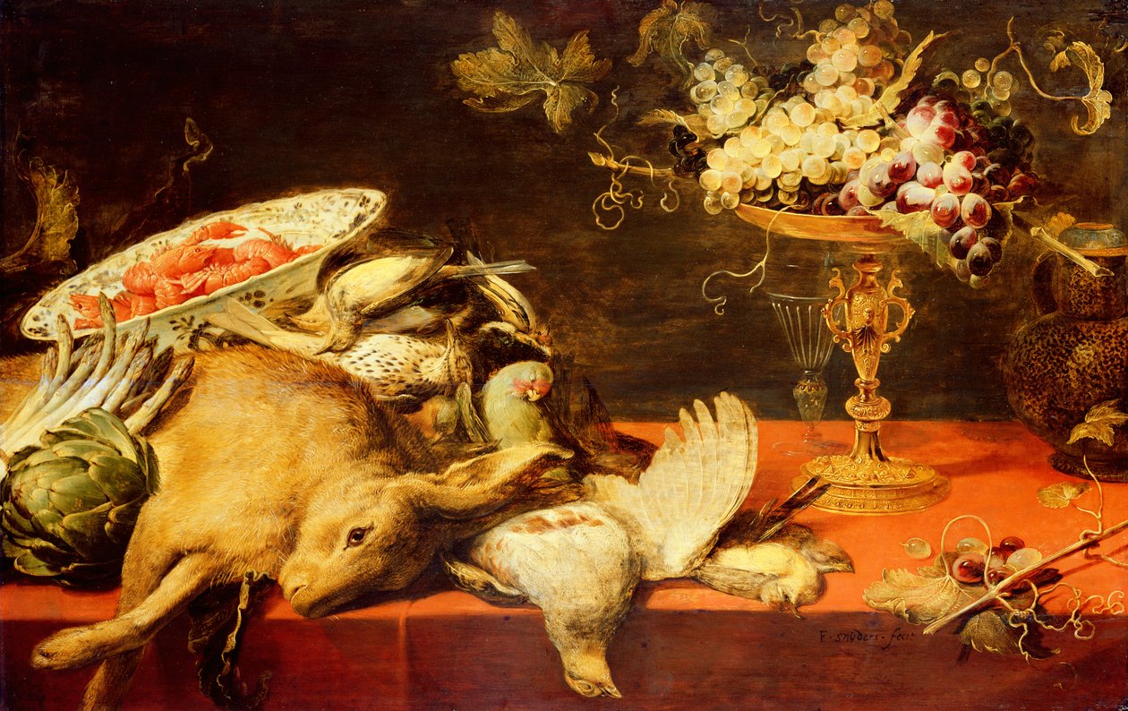 Stilleben med dyr og frugt (olie på egetræspanel) af Frans Snyders or Snijders