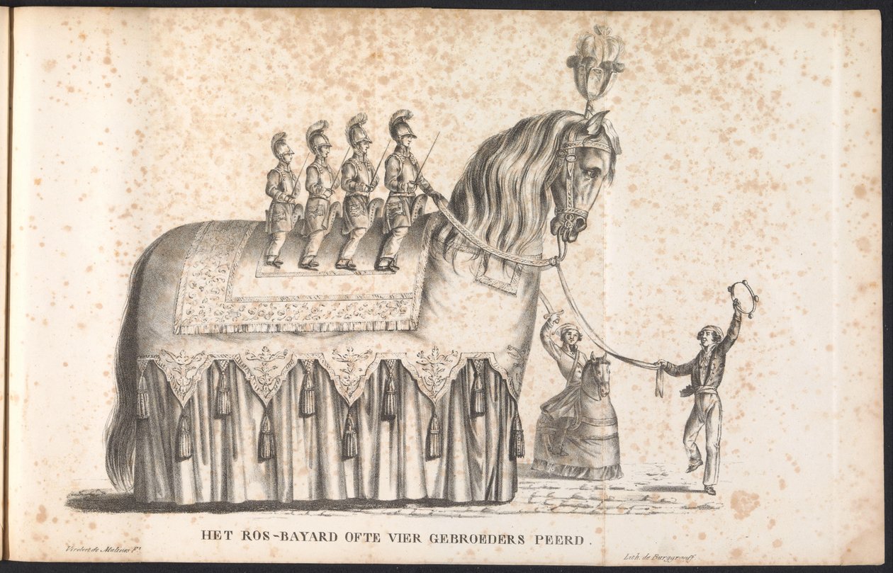 Ros Beiaard som flyder i processionen til Saint Rombout, 1825 Ros-Bayard eller de fire brødre Peerd (titel på objekt) af Frans Vervloet