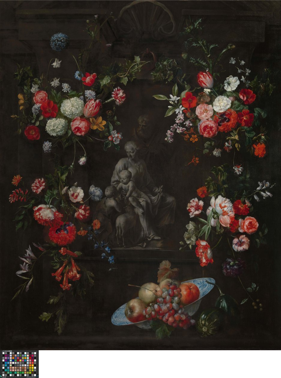 Blomsterkrans med den hellige familie af Frans Ykens