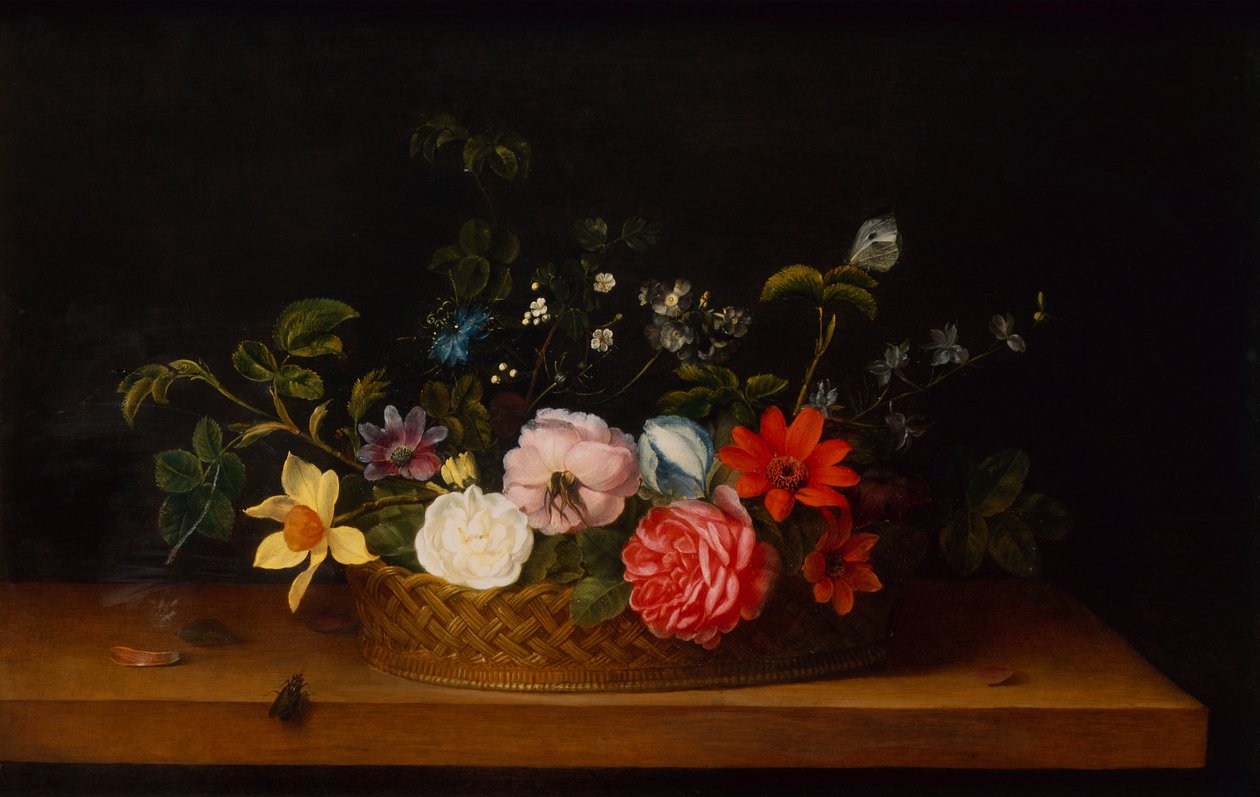 Blomster i en kurv med insekter på en afsats (olie) af Frans Ykens