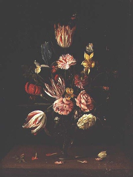 Tulipaner, roser, en iris og en påskelilje af Frans Ykens