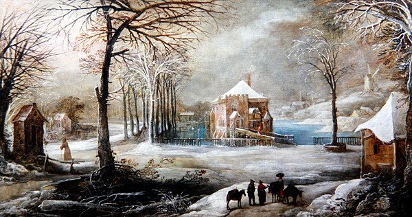 Et vinterlandskab med figurer og heste (olie på lærred) af Frans de Momper