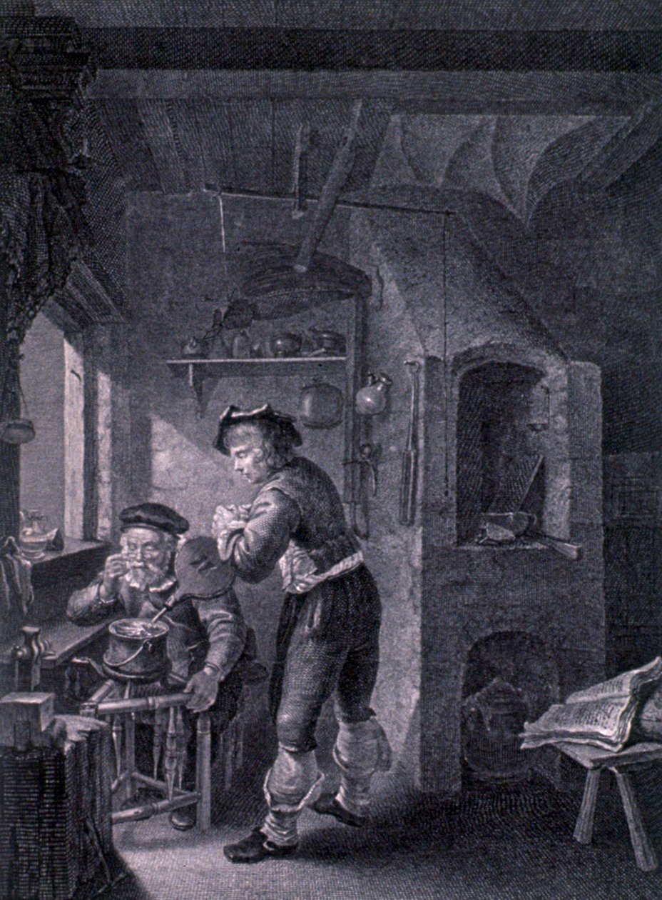 Et laboratorium fra det 17. århundrede af Frans van (after) Mieris