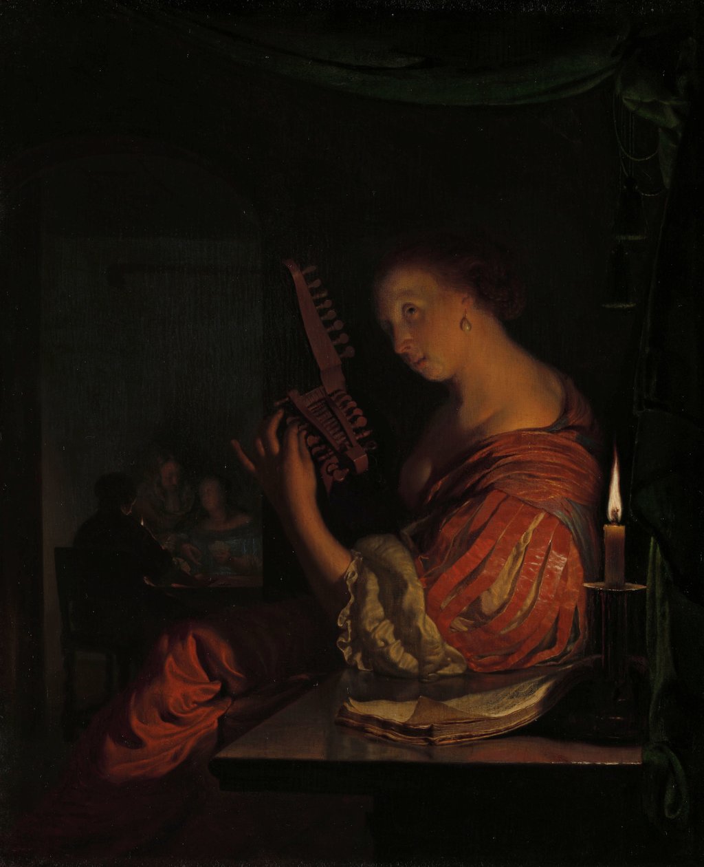 Kvinde, der stemmer en teorbo af Frans van Mieris (I)