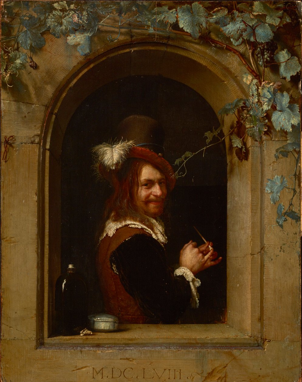 Mand med pibe ved et vindue - Mand med pibe ved et vindue, af Mieris, Frans van Mieris de Oudere eller den ældre (1635-1681). Olie på træ, ca 1658. Mål: 20x15,5 cm. Brukenthal Nationalmuseum, Sibiu af Frans van Mieris