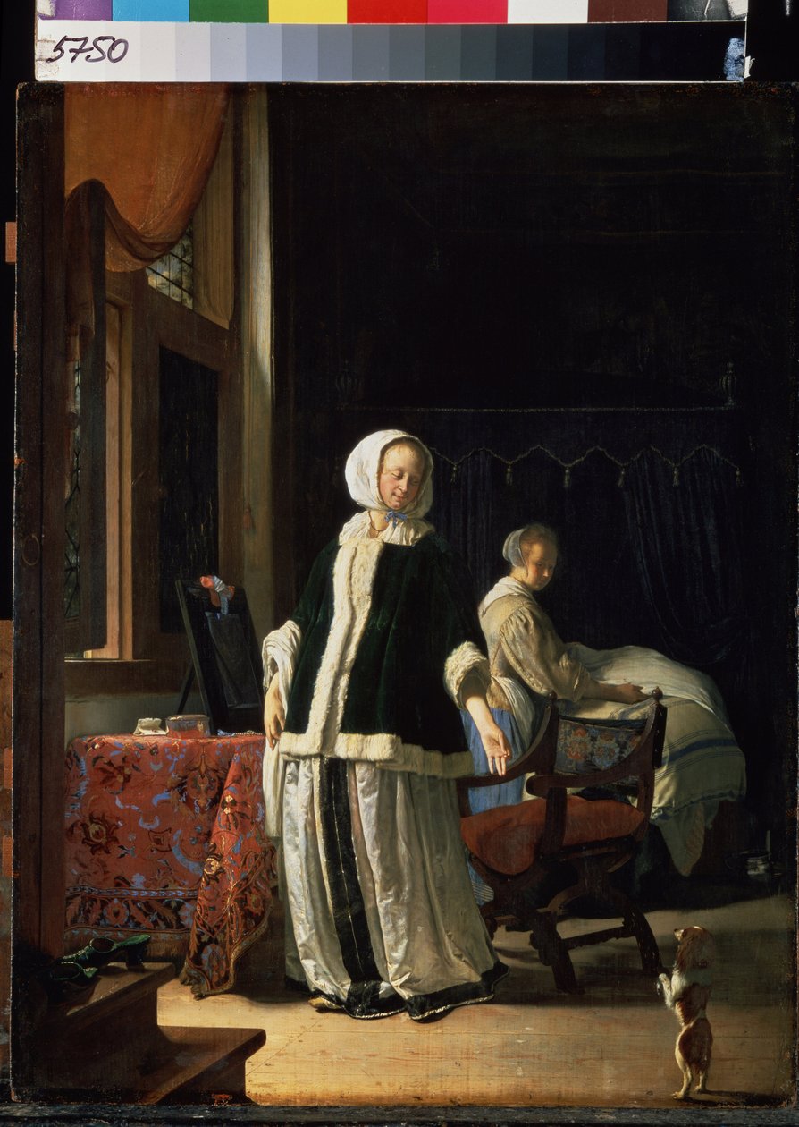 En ung kvindes morgen. (En ung dames morgen). En kvinde og hendes stuepige observerer en hund, der bliver finpudset. Maleri af Frans van Mieris de Oudere kendt som Frans Mieris den ældre eller den ældre (1635-1681), ca. 1660. Olie på træ. hollandsk kunst,  af Frans van Mieris