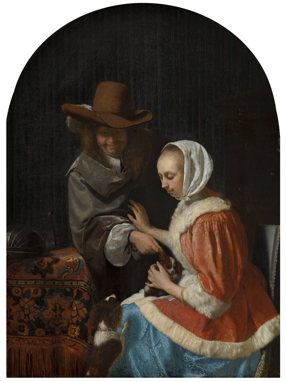 Mand og kvinde med to hunde, kendt som "Teasing the Pet", 1660 af Frans van Mieris