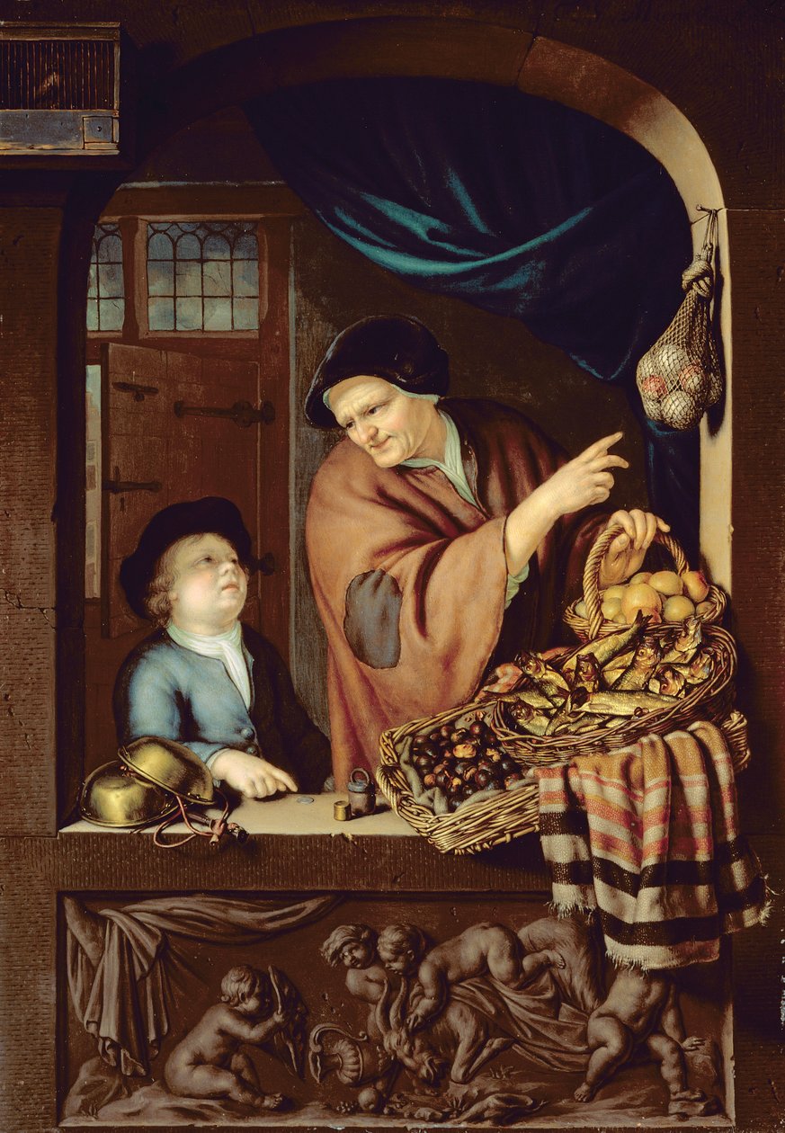 The Chesnut and Kipper Seller, 1722 (olie på eg) af Frans van Mieris