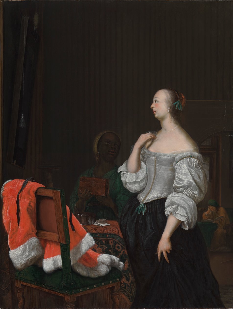 En kvinde står foran et spejl af Frans van Mieris the Elder