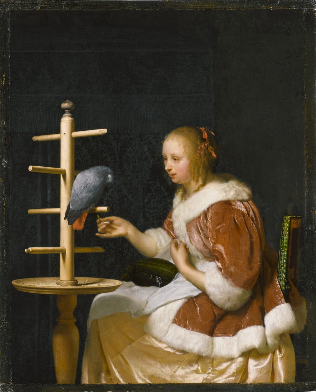 Ung kvinde, der fodrer en papegøje, 1663. af Frans van Mieris the Elder