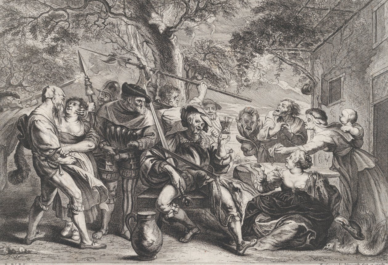 Don Quixote og tropperne fra La Santa Hermandad uden for en værtshus, ca. 1635-79. af Frans van den Wyngaerde