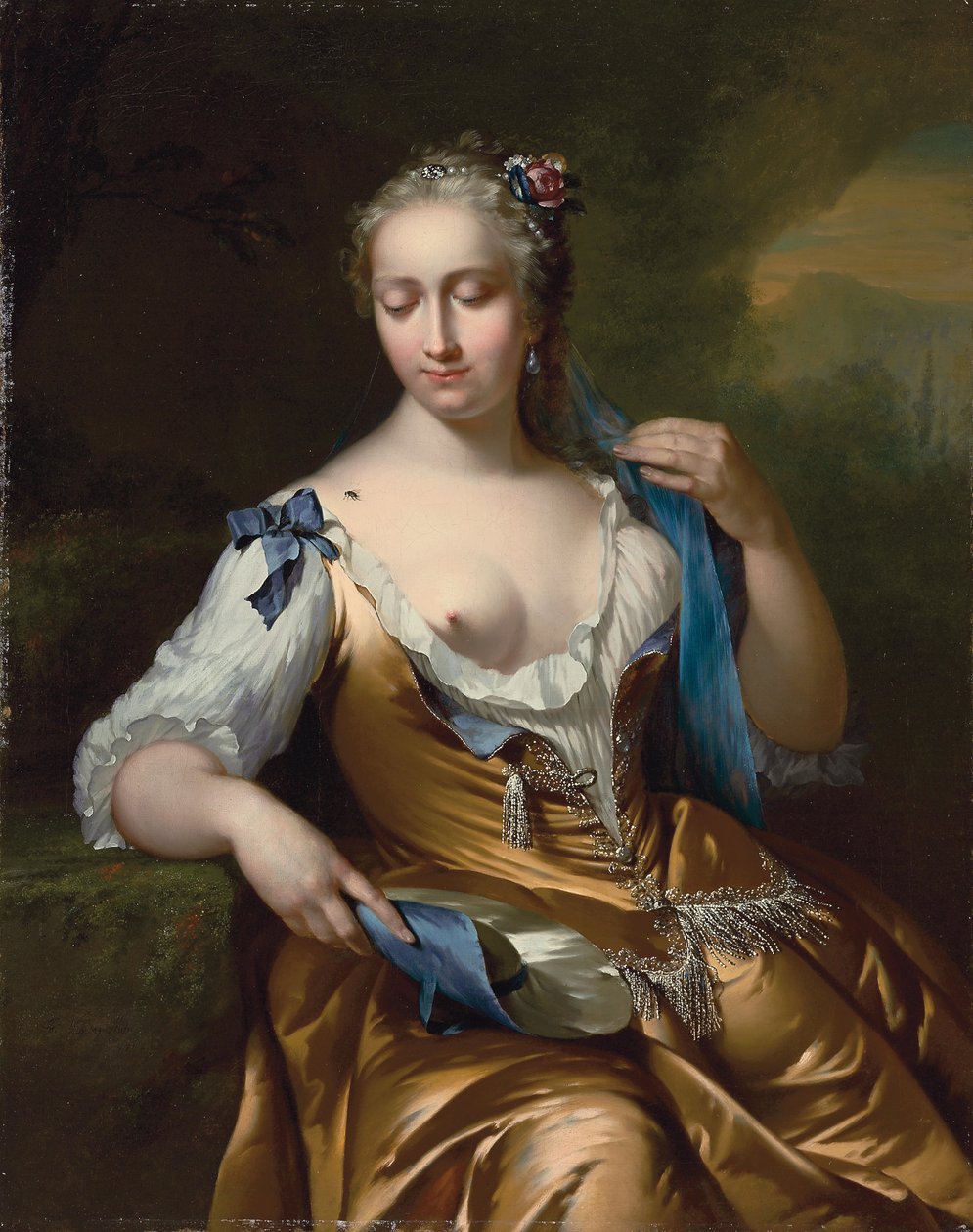 Dame i et landskab med en flue på skulderen: en allegori om berøring, 1742 af Frans van der Mijn