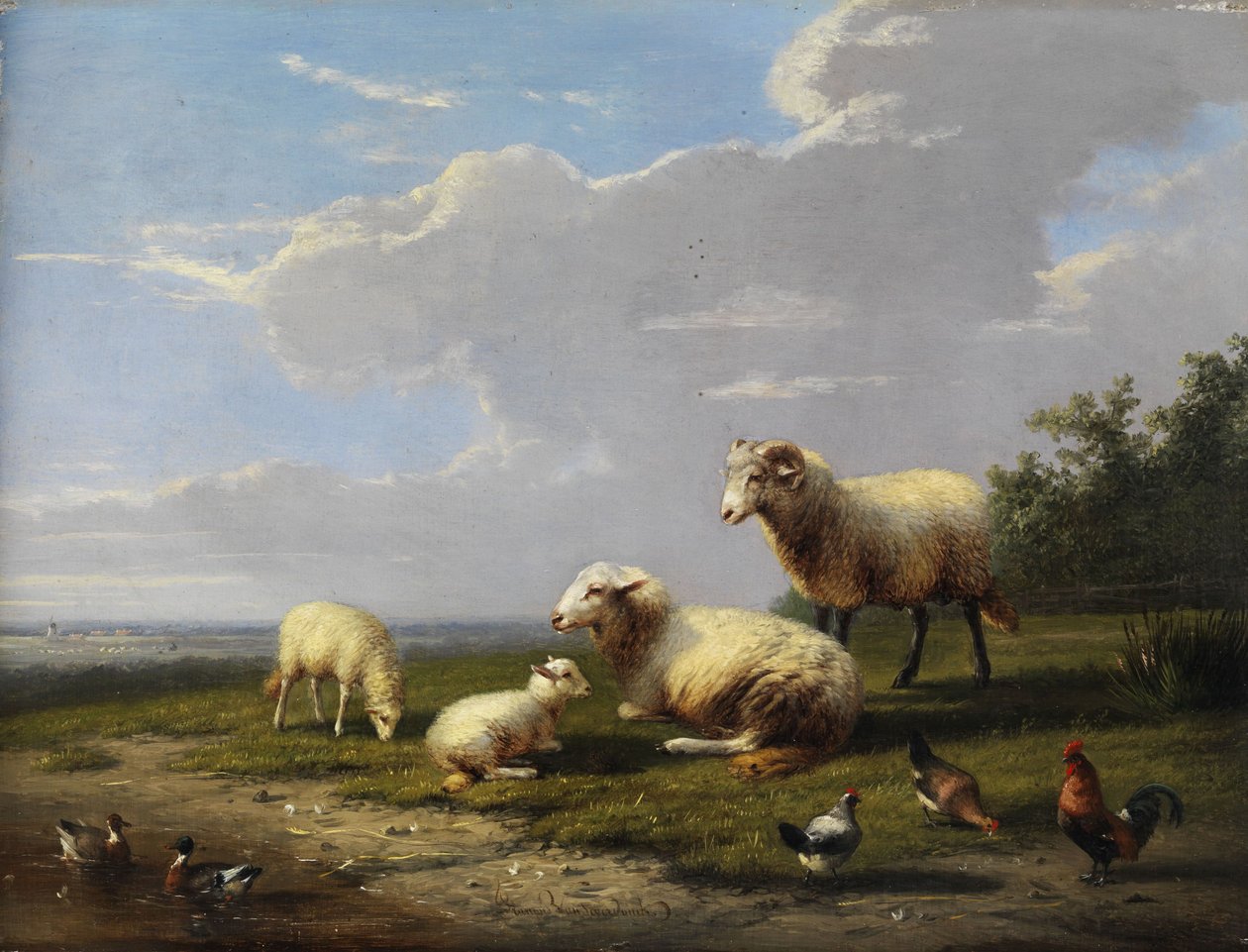 Bredt forårslandskab med får, høns og ænder af Franz van Severdonck