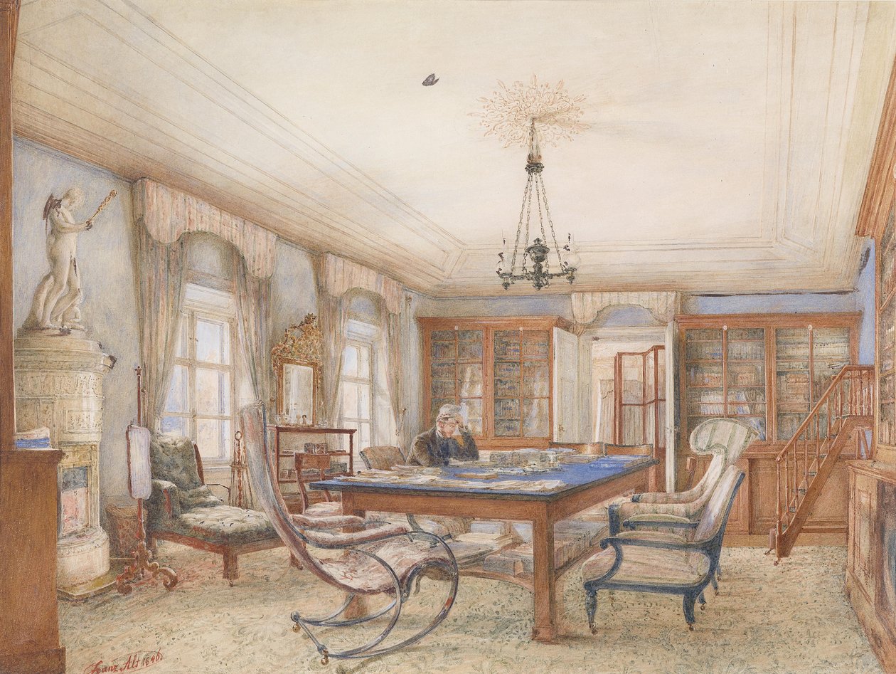 Biedermeier interiør med en mand siddende ved et bord af Franz Alt