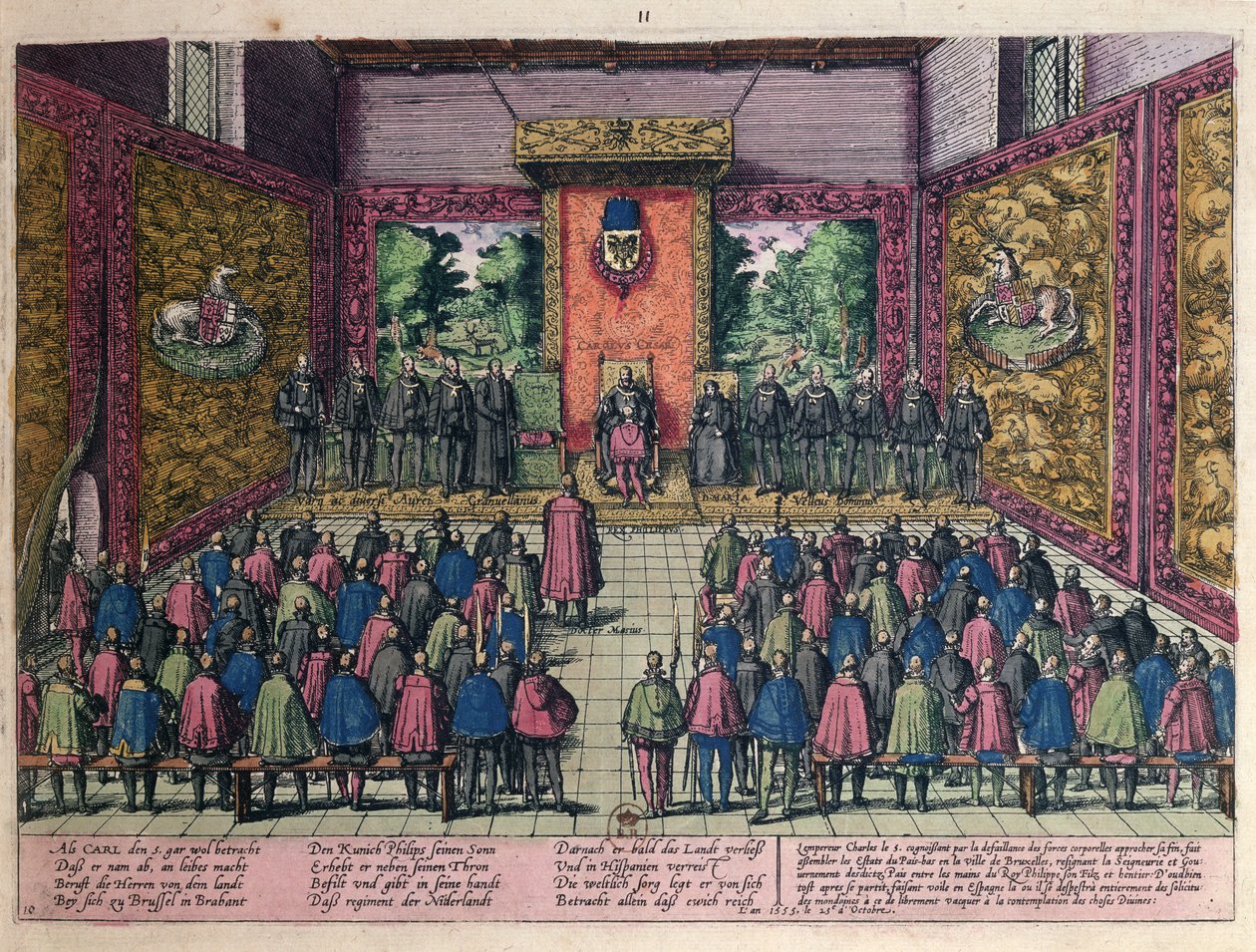 Kejser Karl V (1500-58) meddeler sin søn og arving Filip II (1527-98) sin søn og arving Filip II (1527-98) for domstolen i Bruxelles den 25. oktober 1555, at hans magt over de lave lande er blevet abdiceret. af Franz Hogenberg