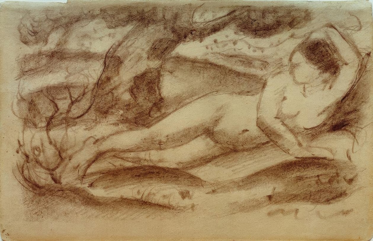 Liggende nøgen kvinde i et landskab af Franz Marc