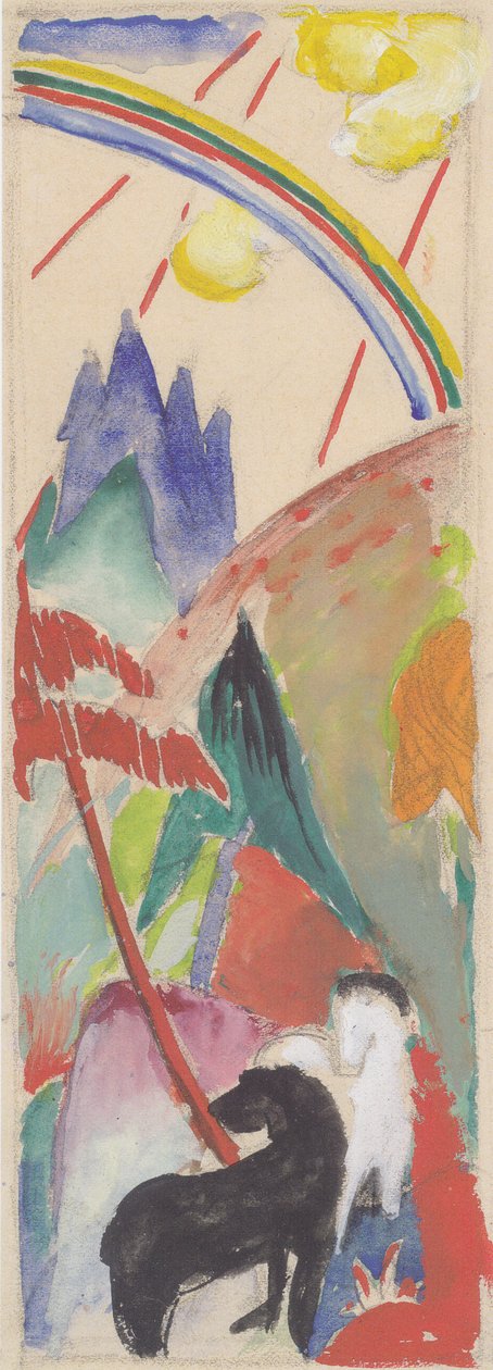 Sort og hvid hest i bjerglandskab med regnbue af Franz Marc