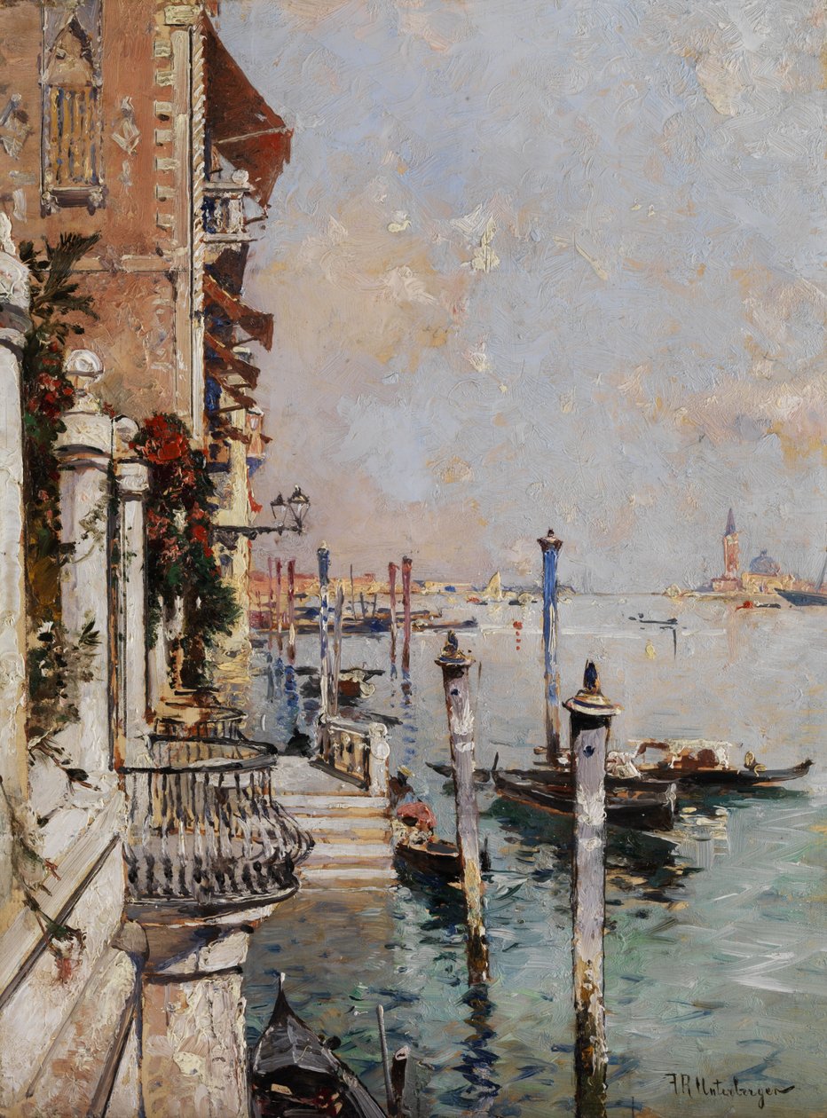 Venedig, udsigt fra en kanal over Canal Grande mod San Giorgio Kirke af Franz Richard Unterberger