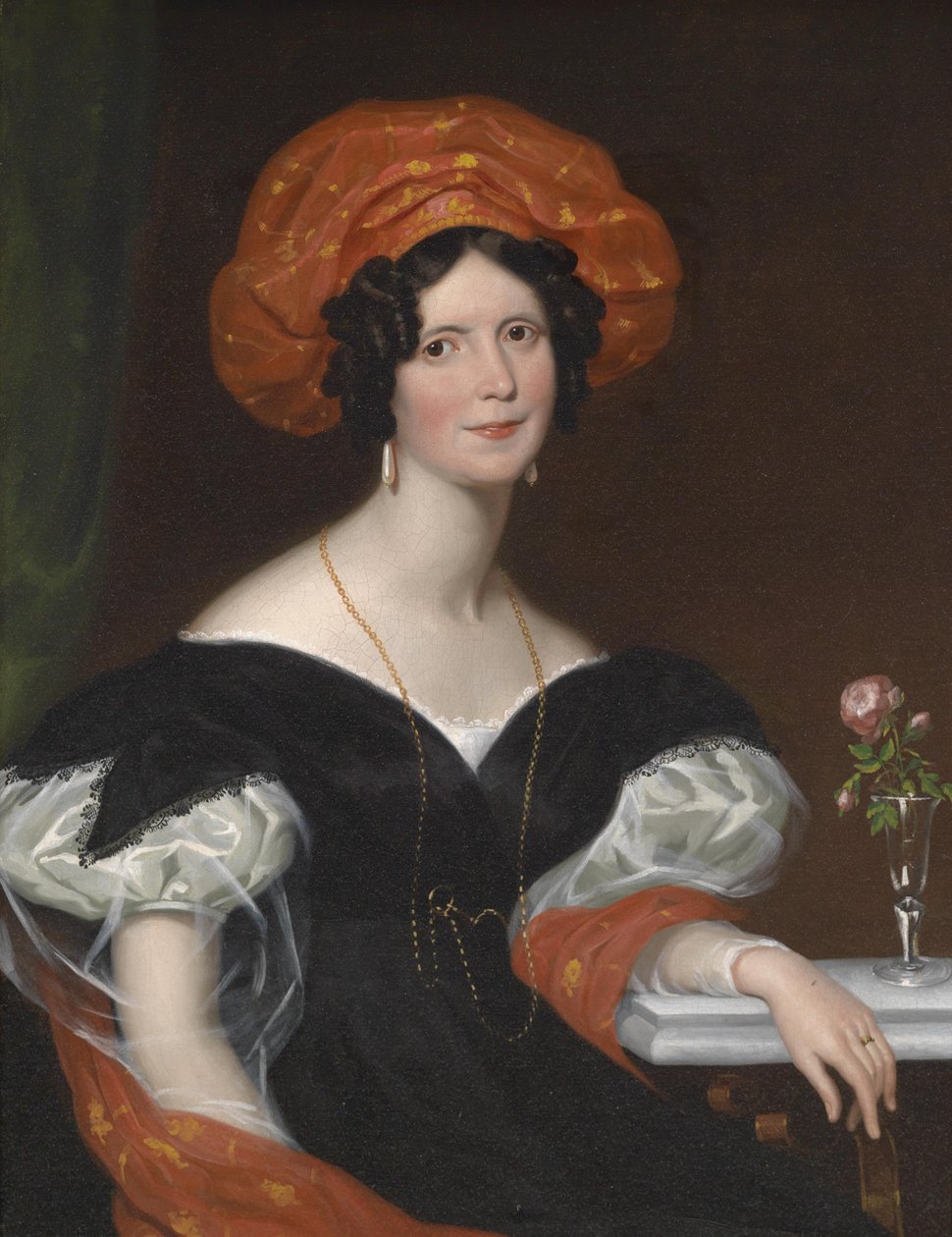 Portræt af en siddende dame med et rødt tørklæde og et rødt hovedbeklædning af Franz Xaver Winterhalter