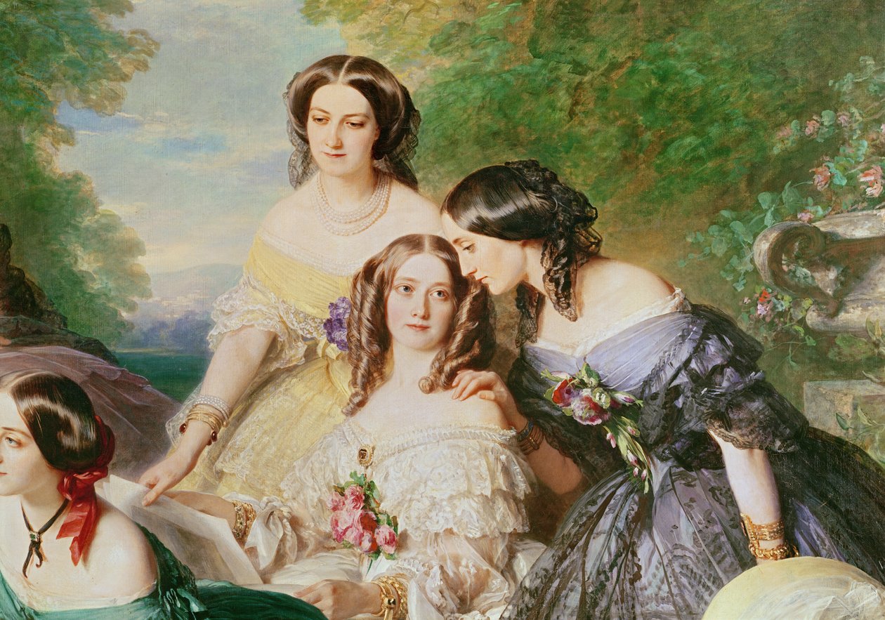 Kejserinde Eugenie 1826-1920 og hendes Ladies in Waiting, detalje af Baronne de Malaret, født Nathalie de Segur gul kjole, Marquise de las Marismas hvide kjole & Marquise de La Tour Maubourg og Marqu af Franz Xaver Winterhalter