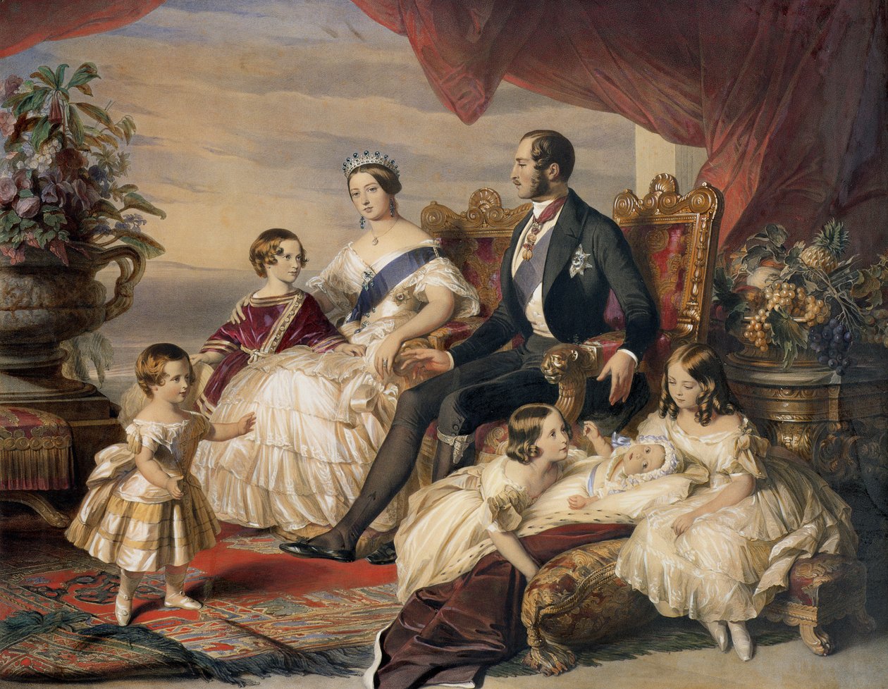 Dronning Victoria (1819-1901) og Prins Albert (1819-61) med fem af deres børn, 1846 (farvegravering) af Franz Xaver Winterhalter