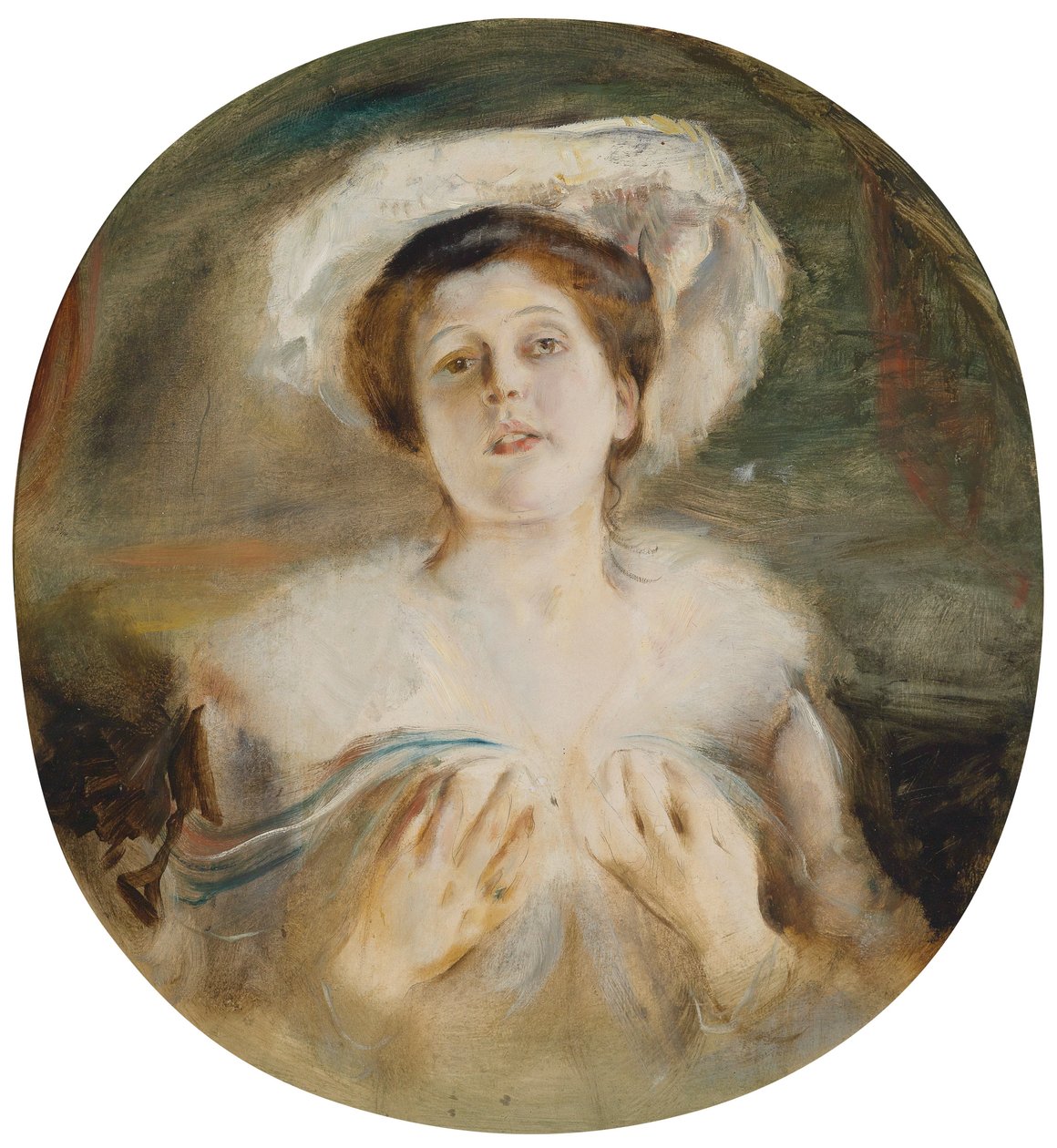 Portræt af en dame med hvid hat af Franz Seraph von Lenbach