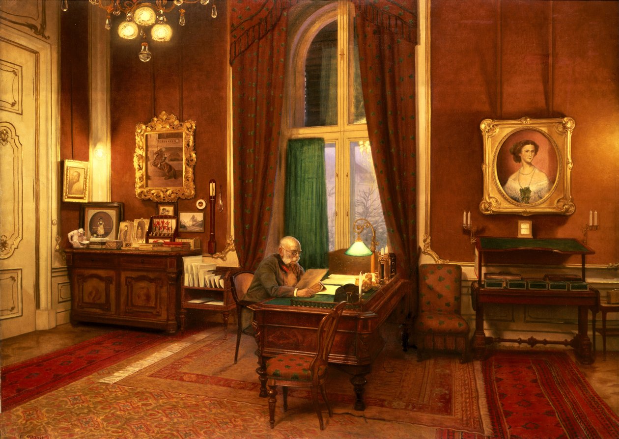 Kejser Franz Joseph I af Østrig i sit arbejdsværelse på Schloss Schonbrunn af Franz von Matsch