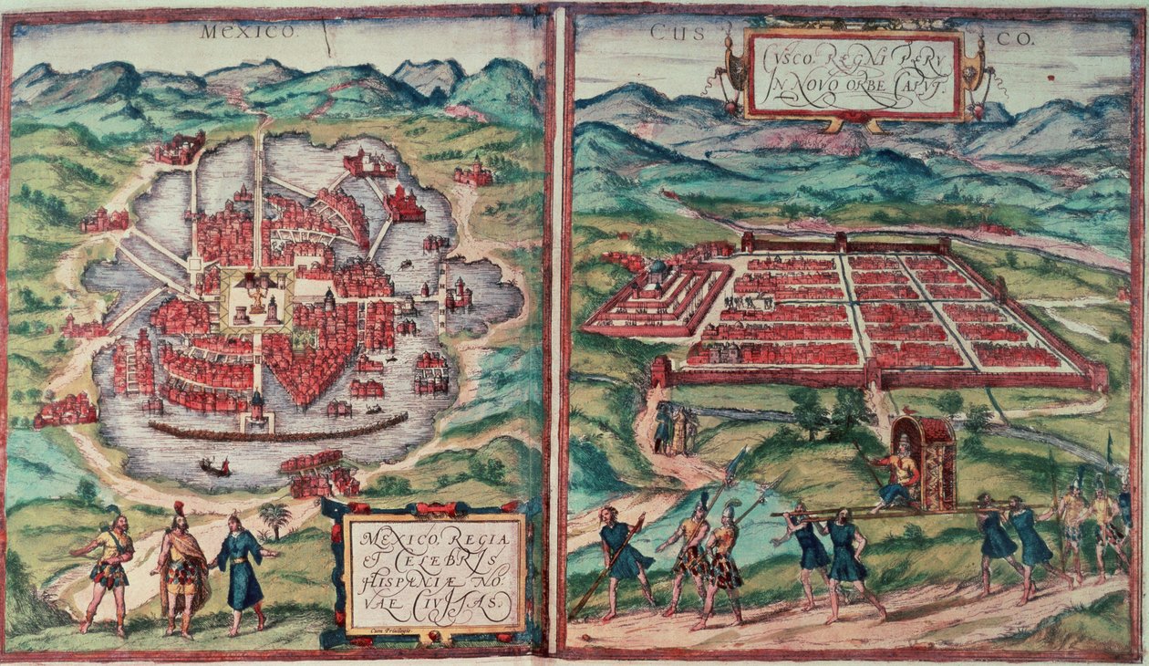 Planer af Mexico City, Mexico og Cusco City, Peru, fra Carl Nebels "Voyage Pittoresque" (farvet indgravering) (se 141102) af Franz (after) Hogenberg