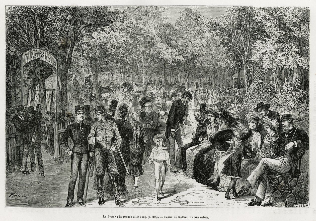 Prater: den store gangbro. Indgravering af Kollarz, for at illustrere historien om Wien og dens forstæder, af M. Newlinski, i 1881, udgivet i Tour du monde, under ledelse af Edouard Charton (1807-1890) af Franz (after) Kollarz