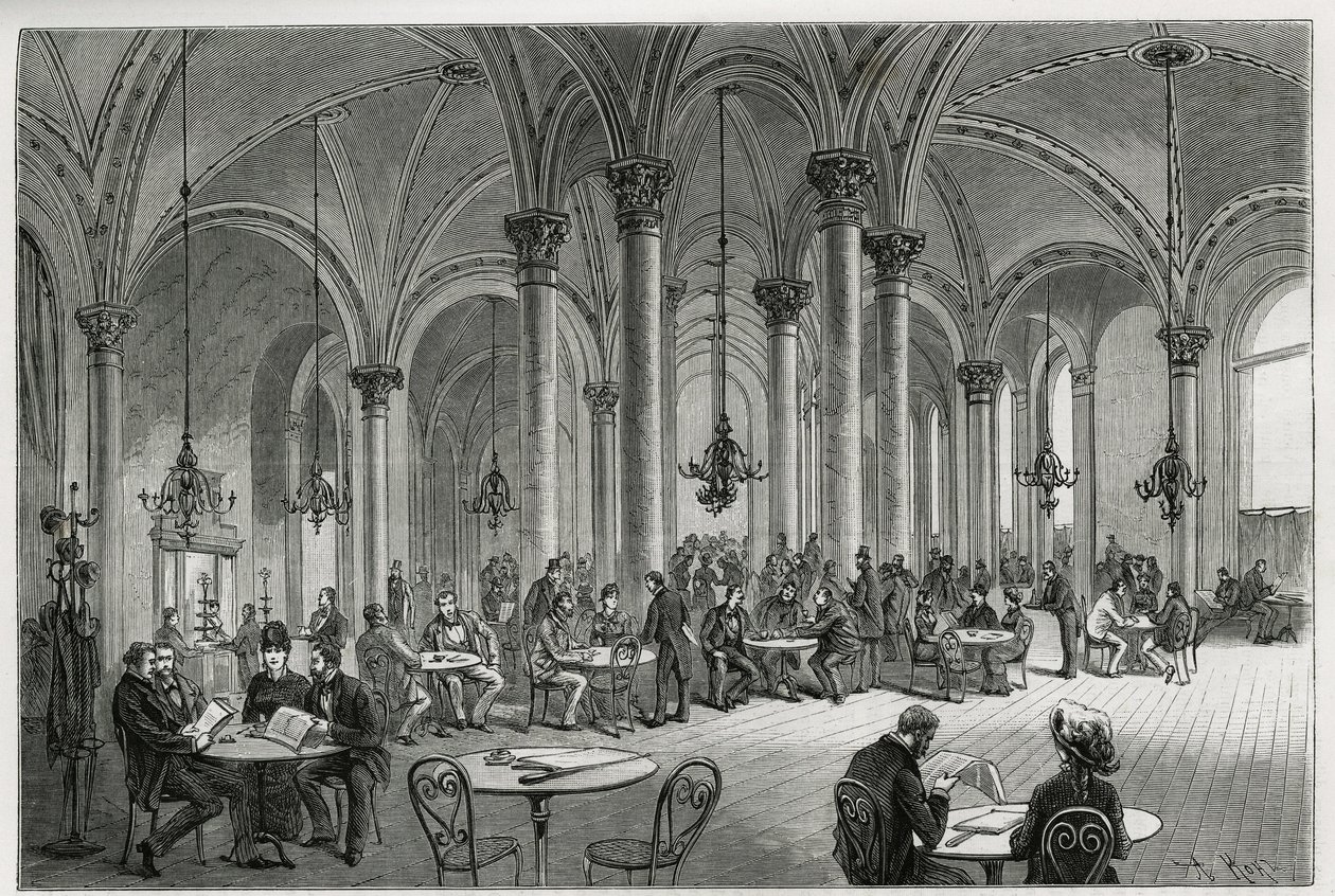 Den centrale cafe i Wien (Østrig). Indgravering af Kollarz, for at illustrere historien om Wien og dens forstæder, af M. Newlinski, i 1881, udgivet i Tour du monde, under ledelse af Edouard Charton (1807-1890) af Franz (after) Kollarz
