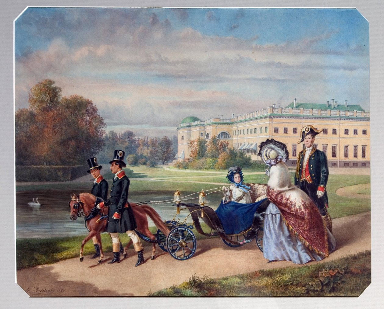 Storhertuginde Maria Alexandrovnas promenade af Rusland (1853-1920). I et lille hold trukket af en pony går hun i parken Tsarkoye Selo, den kejserlige families sommerresidens i Sankt Petersborg. Værk af Franz Teichel (1816 af Franz (after) Teichel