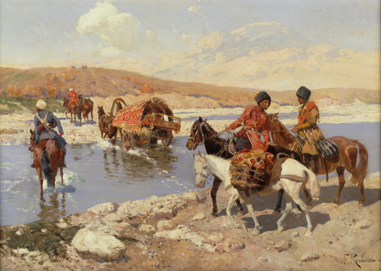 Crossing the River (olie på lærred) af Franz Alekseevich Roubaud