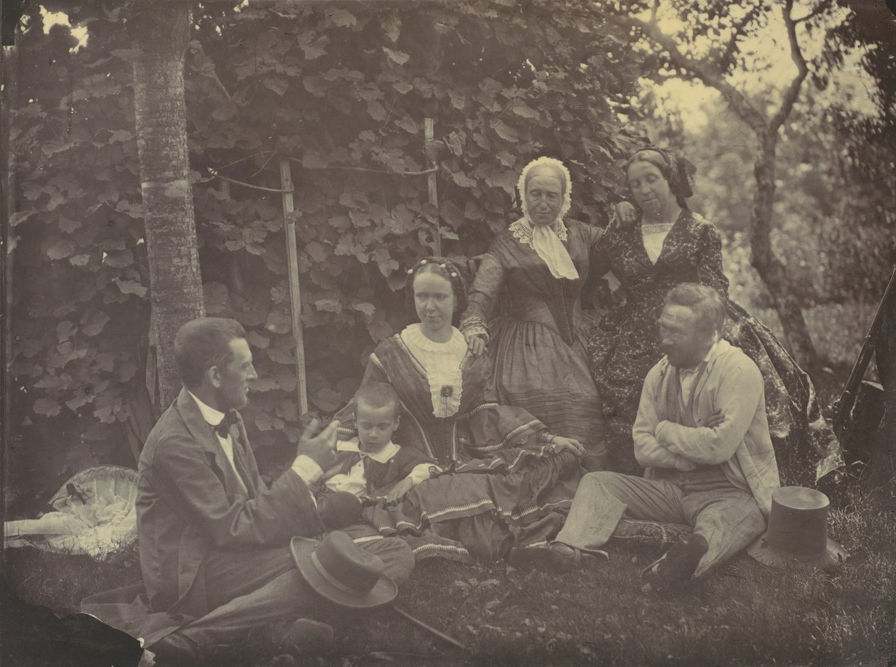 [Tre kvinder, to mænd og et barn på picnic], 1850