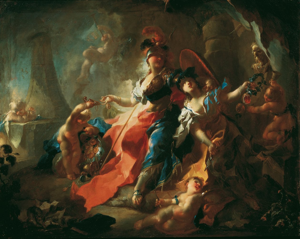 Akademiet med dets egenskaber ved Minervas fødder af Franz Anton Maulbertsch