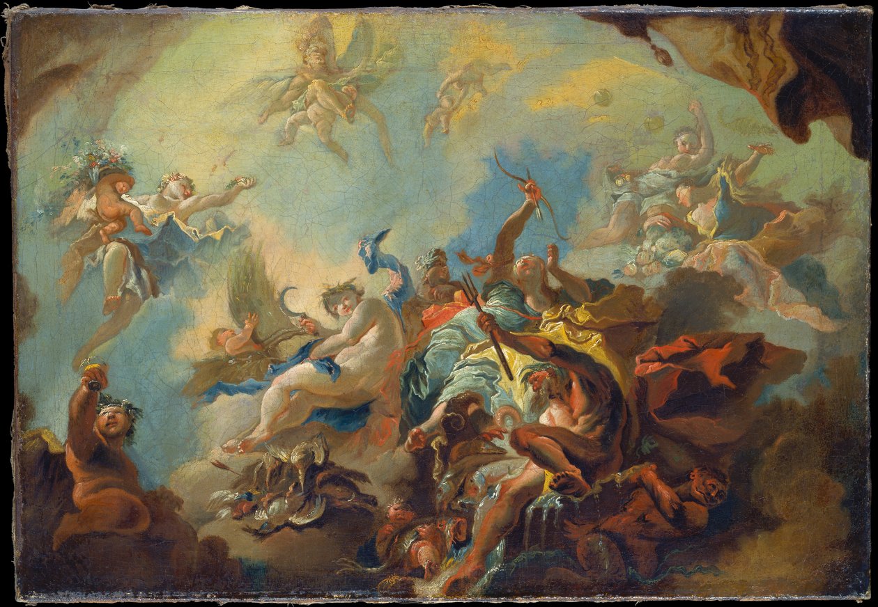 De fire elementer, forstudie til et malet loft (allegori over tiden?) af Franz Anton Maulbertsch