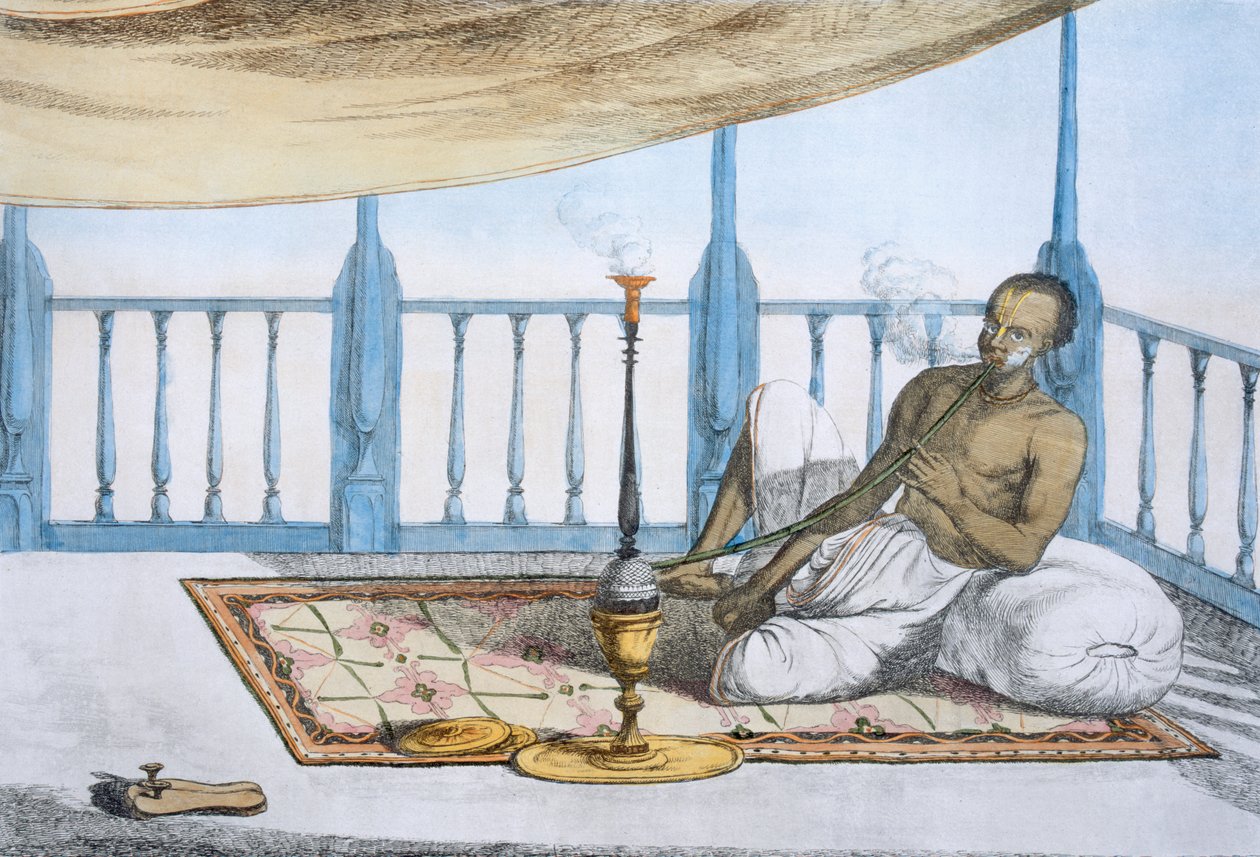 Mand, der ryger en vandpibe hash eller opium, fra 