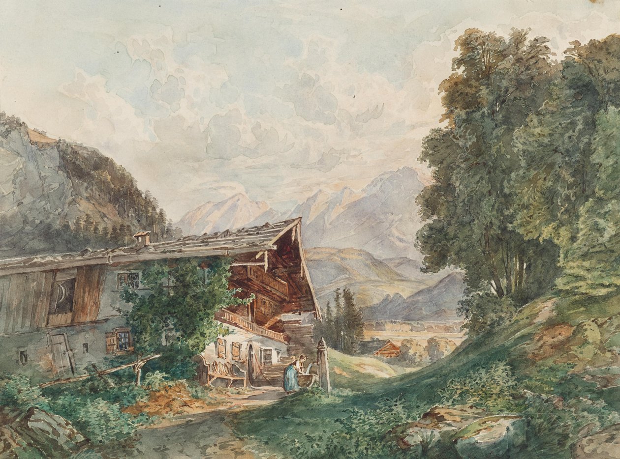 Alpelandskab med bondegård og kvinde ved springvandet af Franz Barbarini