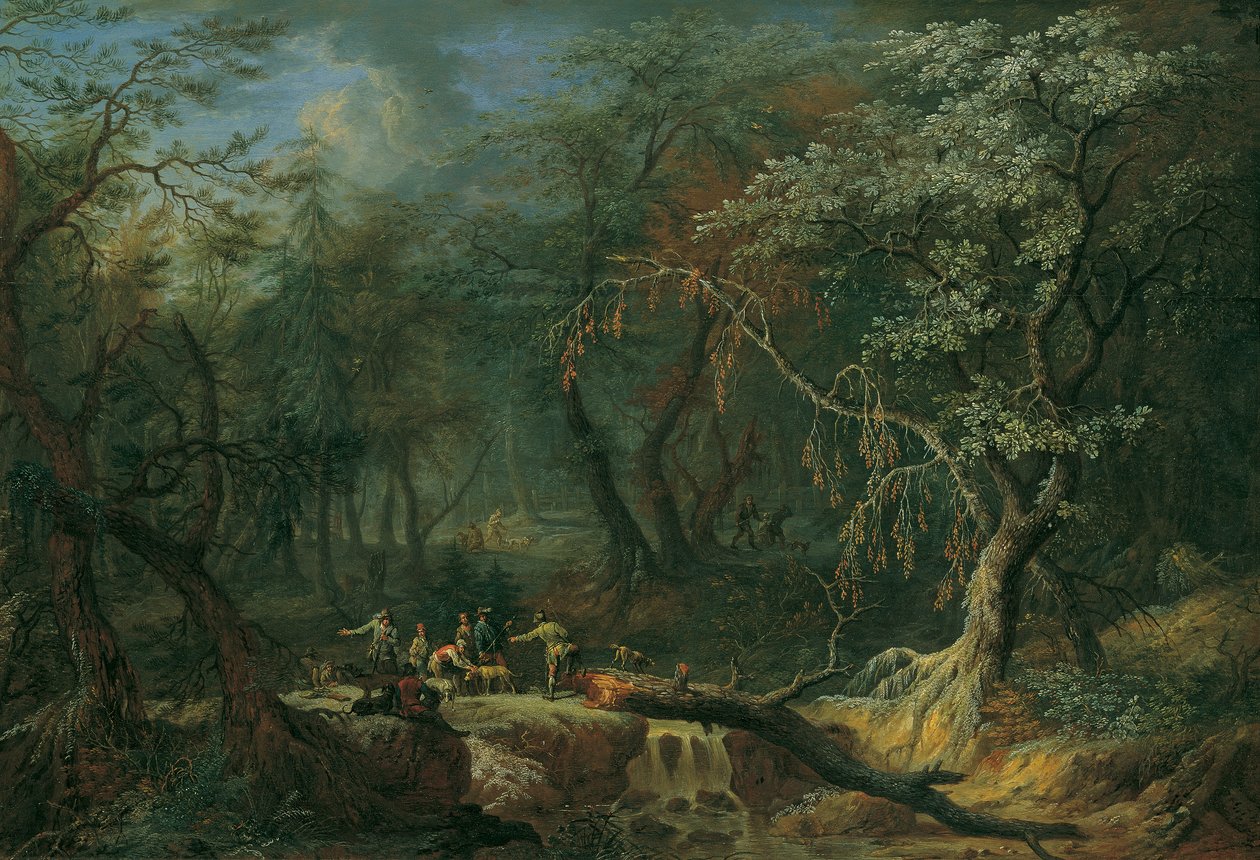 Skovlandskab med et væltet træ og jægere af Franz Christoph Janneck