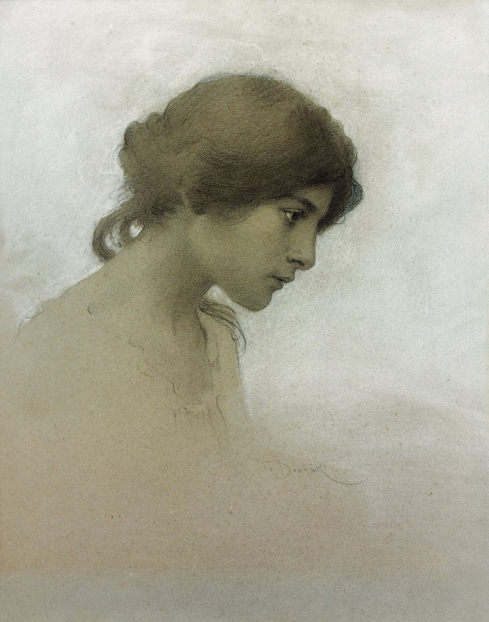 Head of a Girl (blyant og kridt på papir) af Franz Dvorak