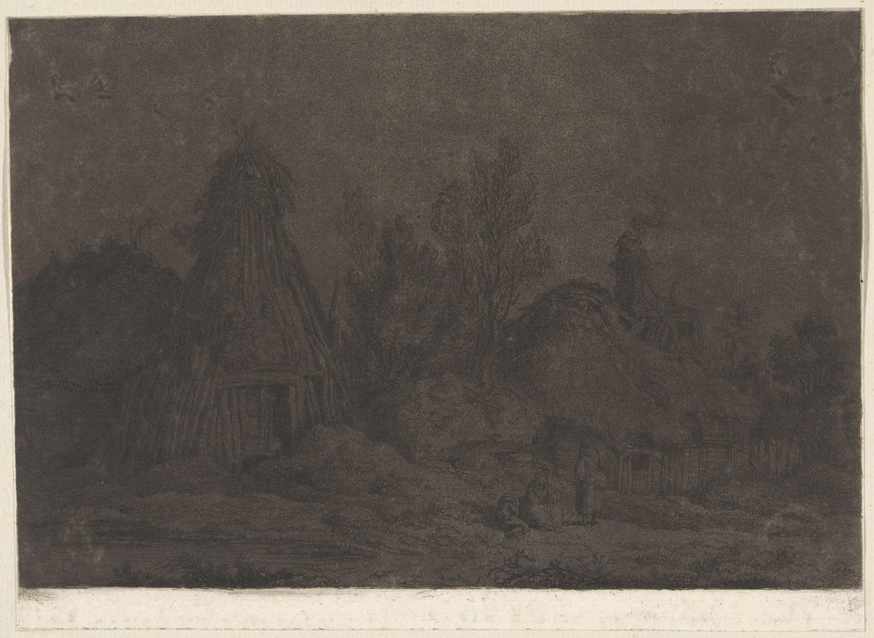 Måneskinsscene med figurer foran en hytte XII Vues de la Normandie (serietitel) af Franz Edmund Weirotter