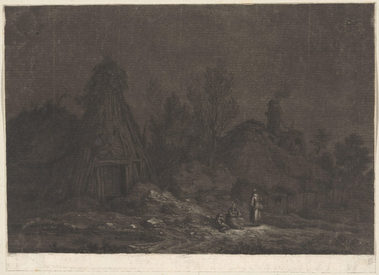 Måneskinsscene med figurer foran en hytte XII Vues de la Normandie (serietitel) af Franz Edmund Weirotter