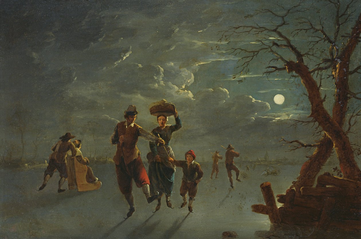 Skøjteløb ved Moonlight (olie på kobber) af Franz Ferg