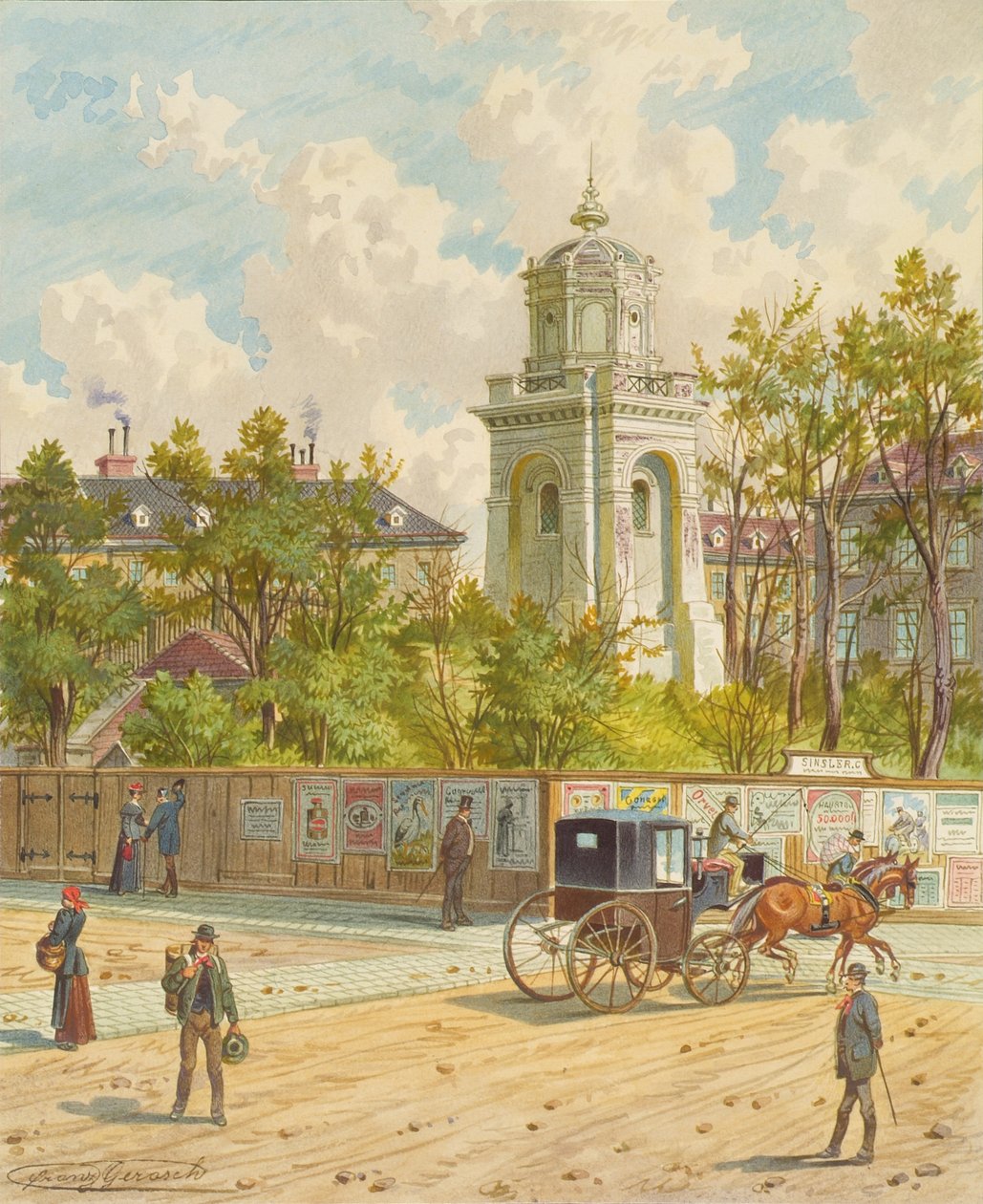 Währinger Strasse i Wien (med tårnet på Ferdinands akvædukt) af Franz Gerasch