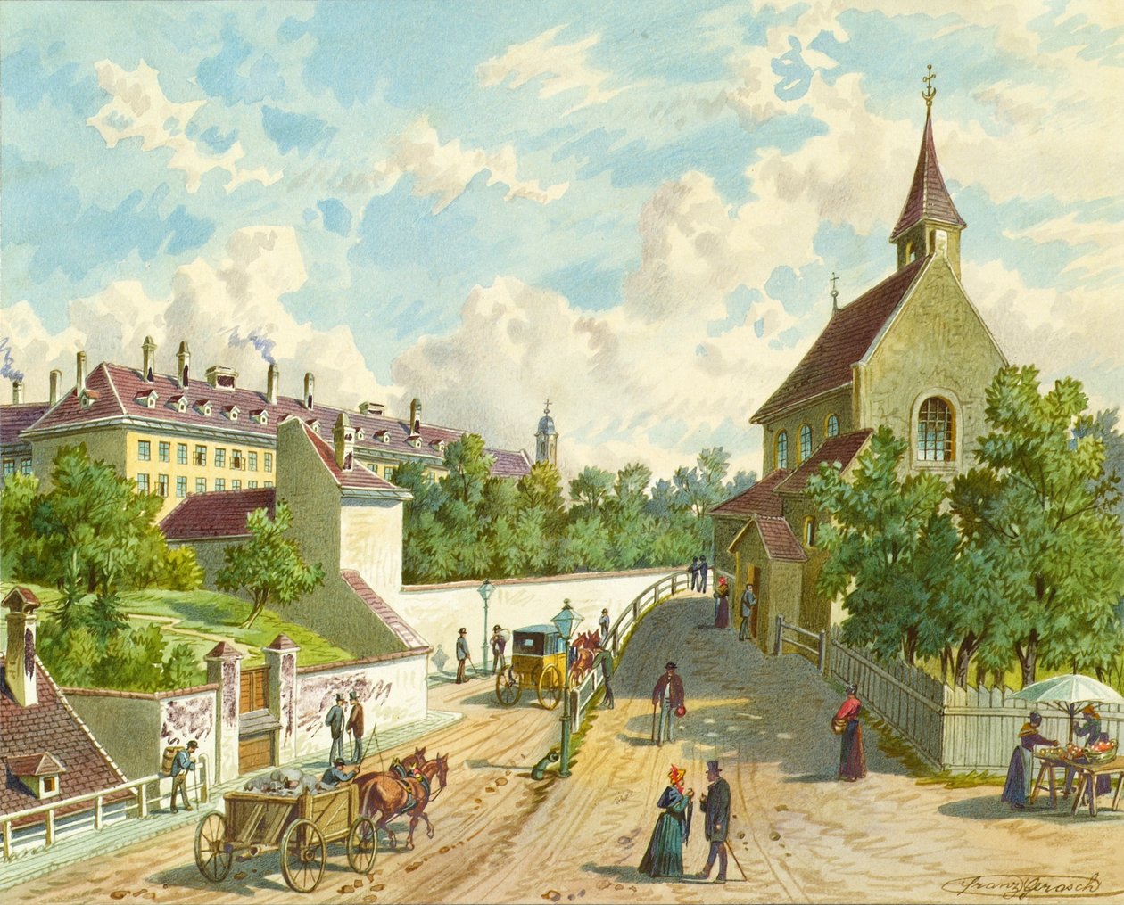 Währinger Strasse i Wien med forsyningshuset "Zum Blauen Herrgott" og "Krawoten-Kapelle" af Franz Gerasch