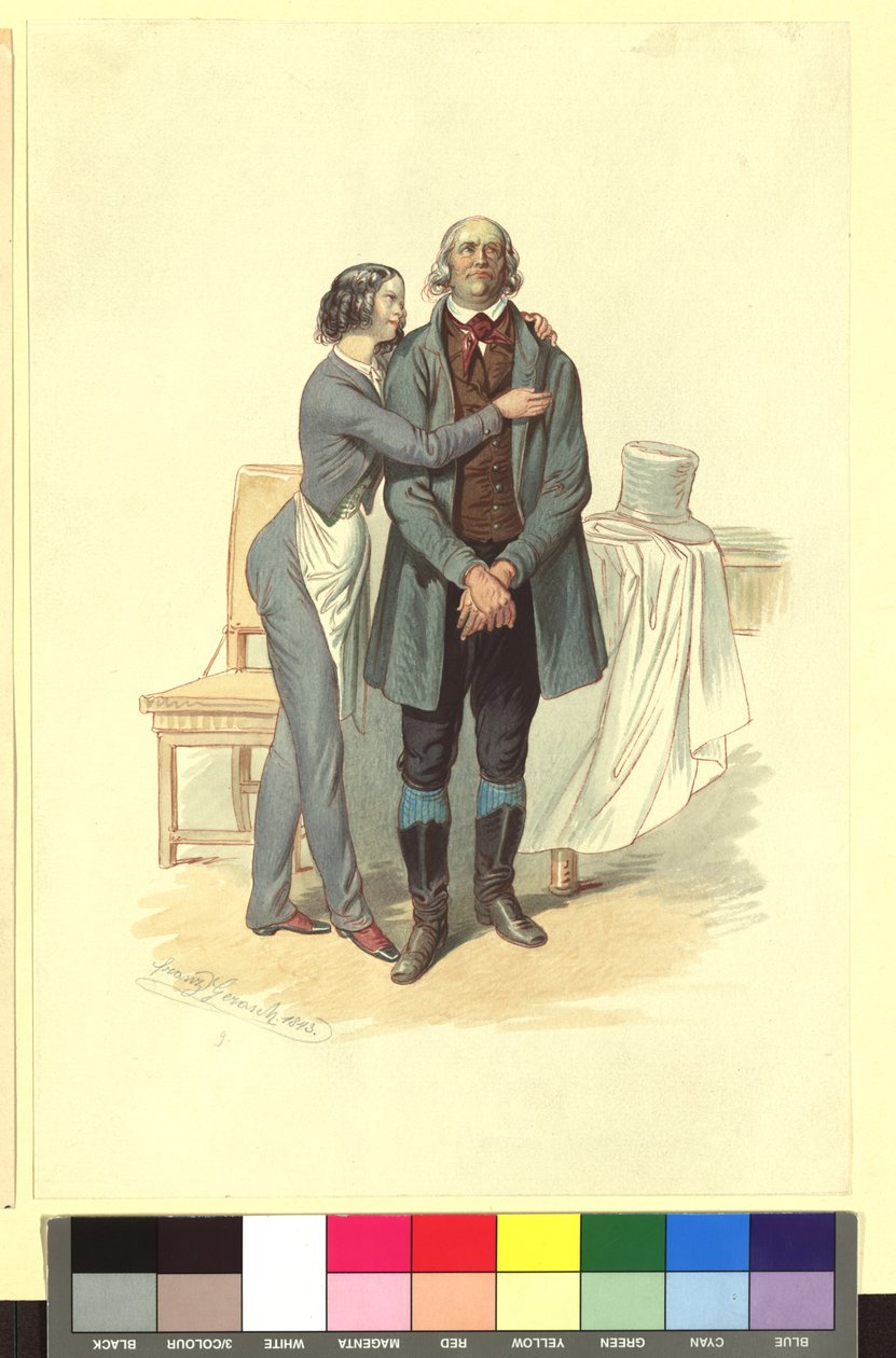 Ida Schuselka-Brüning som bagersvenden Georg og Carl Carl som forpagteren Landry i „En aften, en nat og en morgen i Paris“ af Franz Gerasch