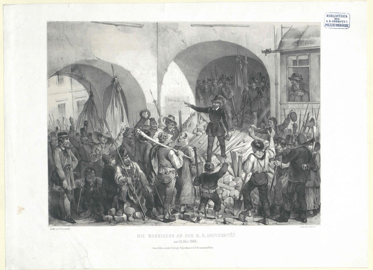 Barrikaden ved K.K. Universitetet den 26. Maj 1848 (litografi) af Franz Gerasch