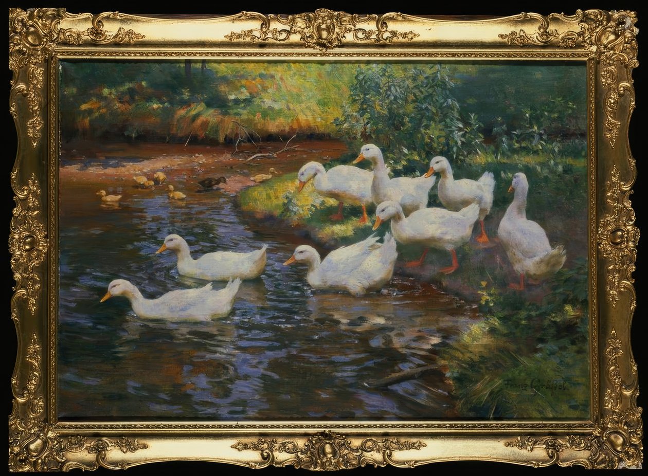 Andefamilie (ænder med unger på åbredden) af Franz Grassel