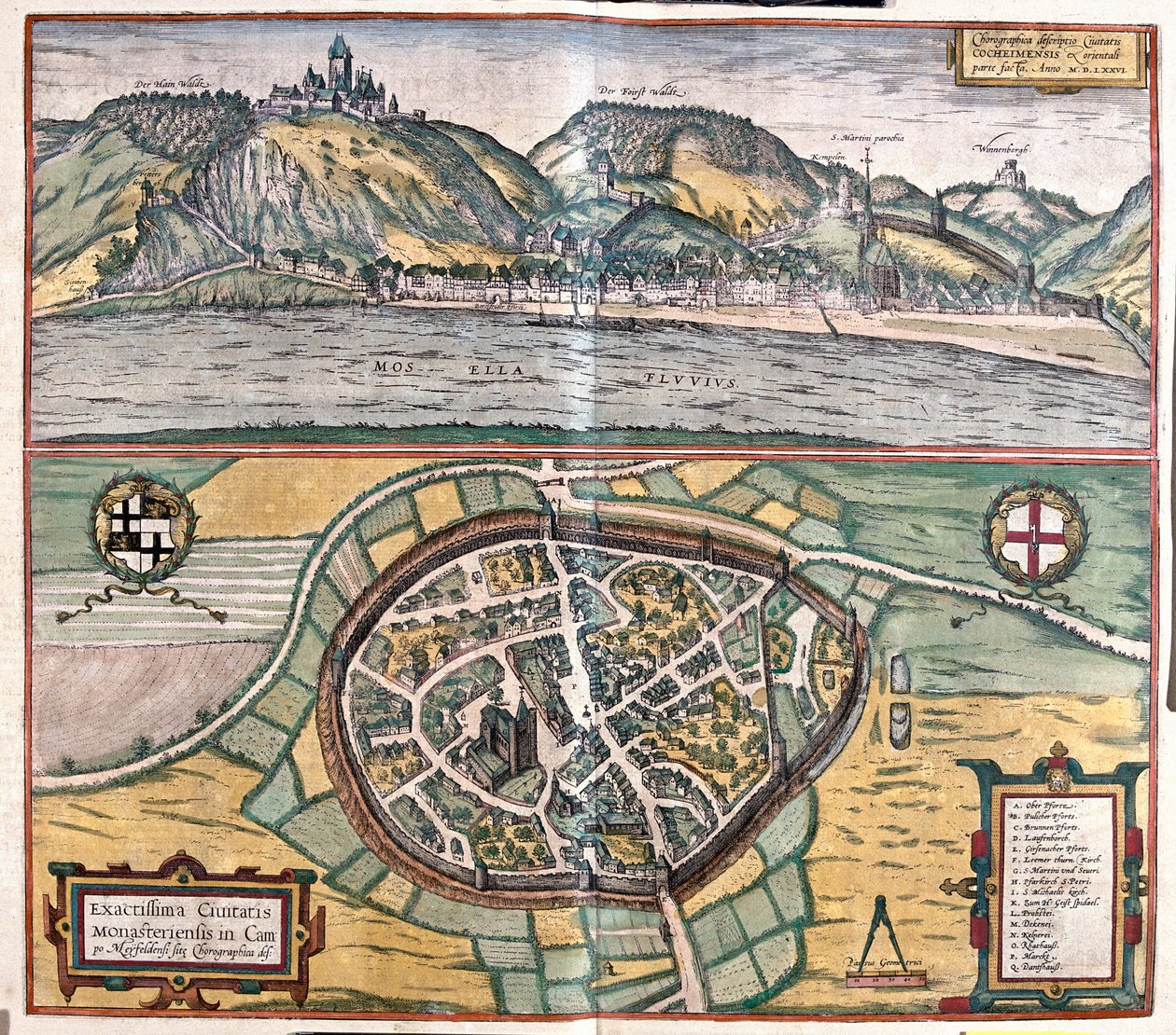 Nøjagtig illustration af byen Munstermaifeld i Maifeld, Tyskland af Franz Hogenberg