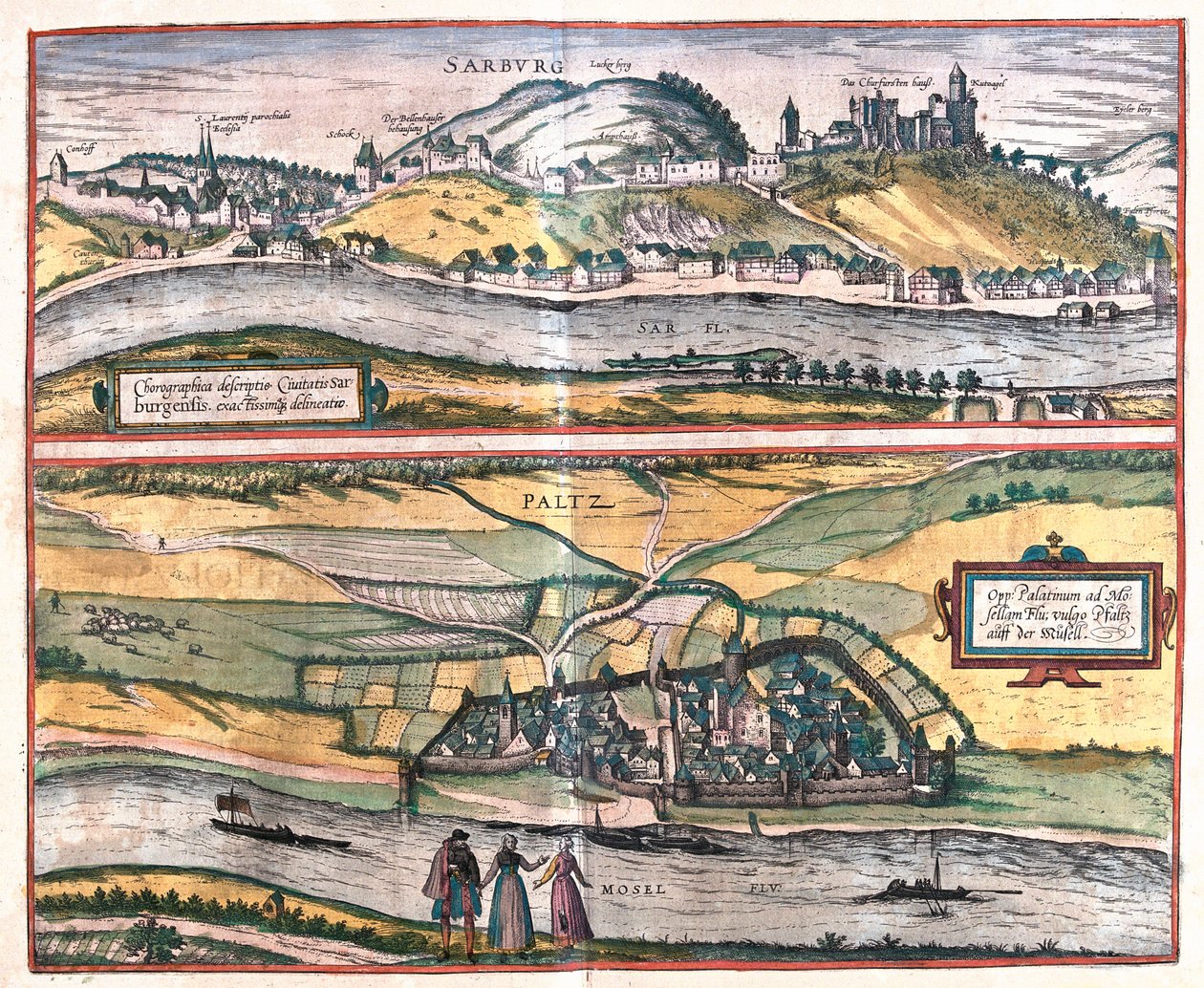 Nøjagtig oversigt over byen Saarburg og byen Pfaltz an der Mosel, Tyskland (gravering af Franz Hogenberg