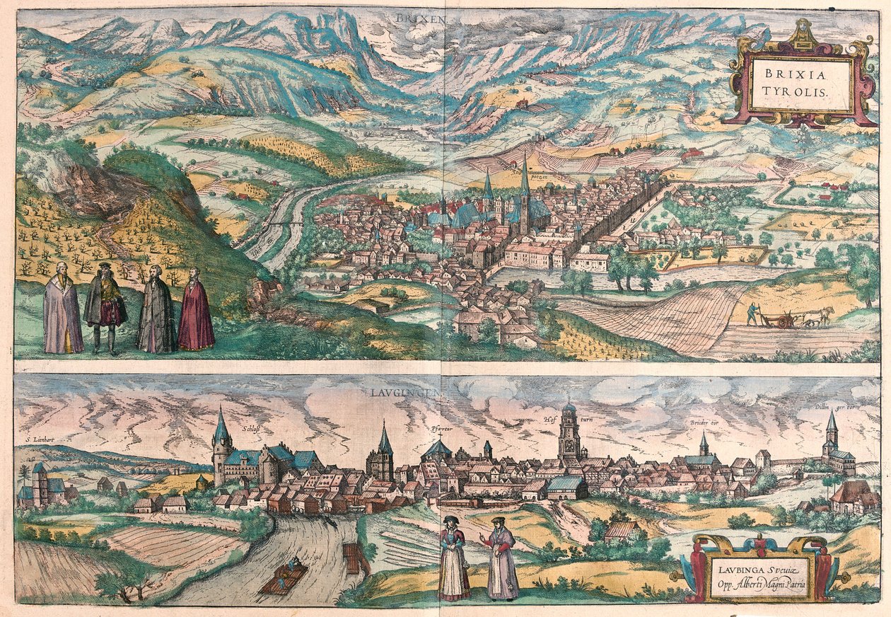 Brixen (Bressanone), Italien og Lauingen, Donau, Tyskland (gravering af Franz Hogenberg